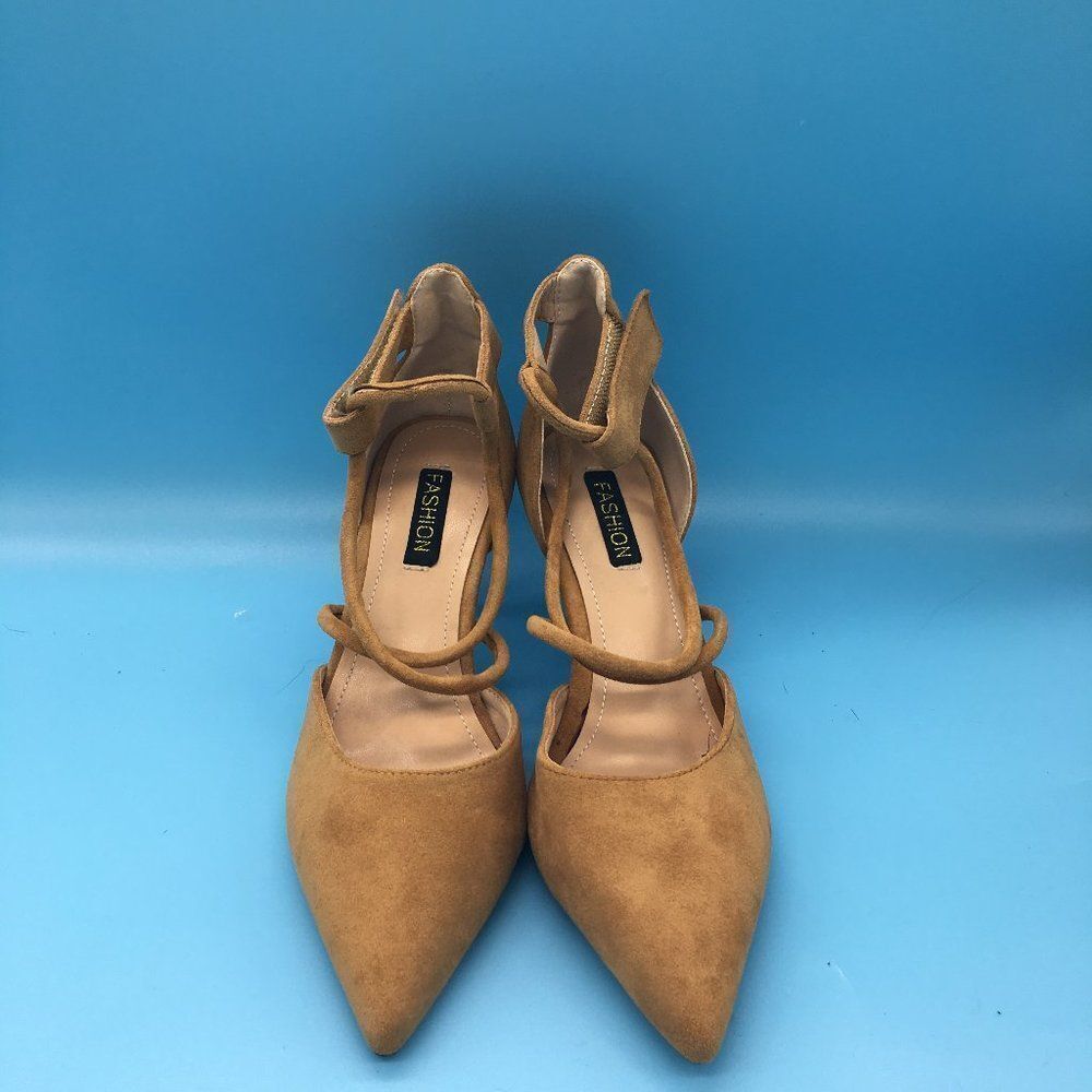 Brown Women Pointy Toe Ankle Strappy Pumps Mid Heels Sandals